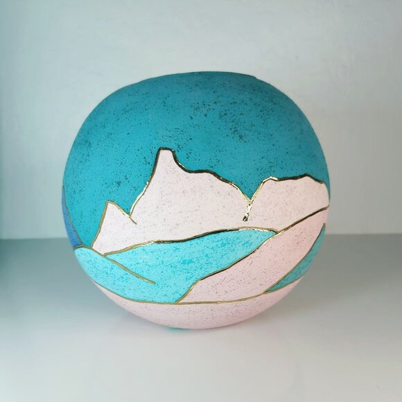 Vintage Southwest Pottery Round Ceramic Vase Gold Trim Mountain Desert Scene - Picture 1 of 6